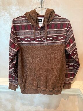Hooey Brown and Maroon Aztec-Panel Pullover Hoodie